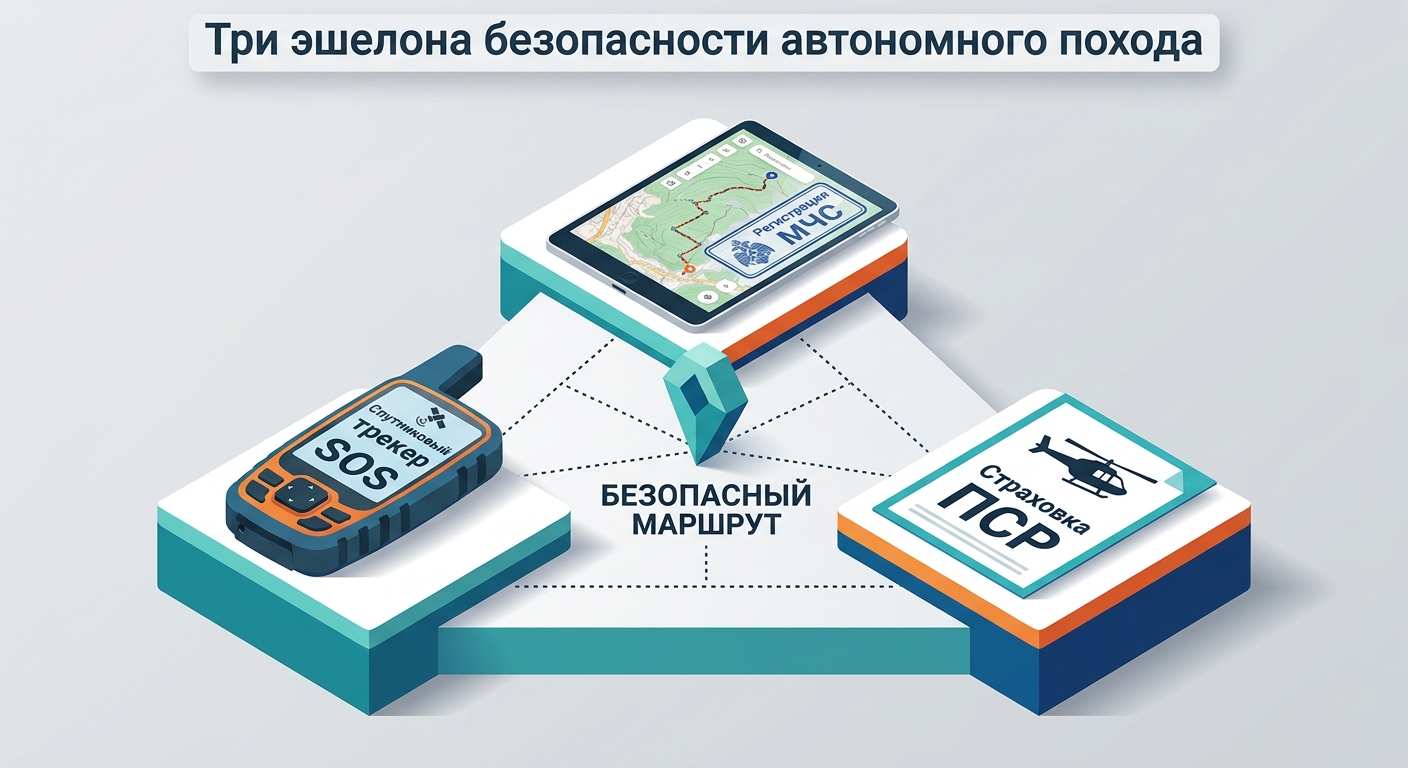 Инфографика трех эшелонов безопасности: <strong>спутниковый трекер</strong>, учет в МЧС и страховка ПСР
